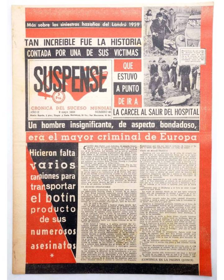 Cubierta de SUSPENSE. CRÓNICA DEL SUCESO MUNDIAL 46. AÑO II.- 9 de mayo de 1959 (Vvaa) Diario España 1959