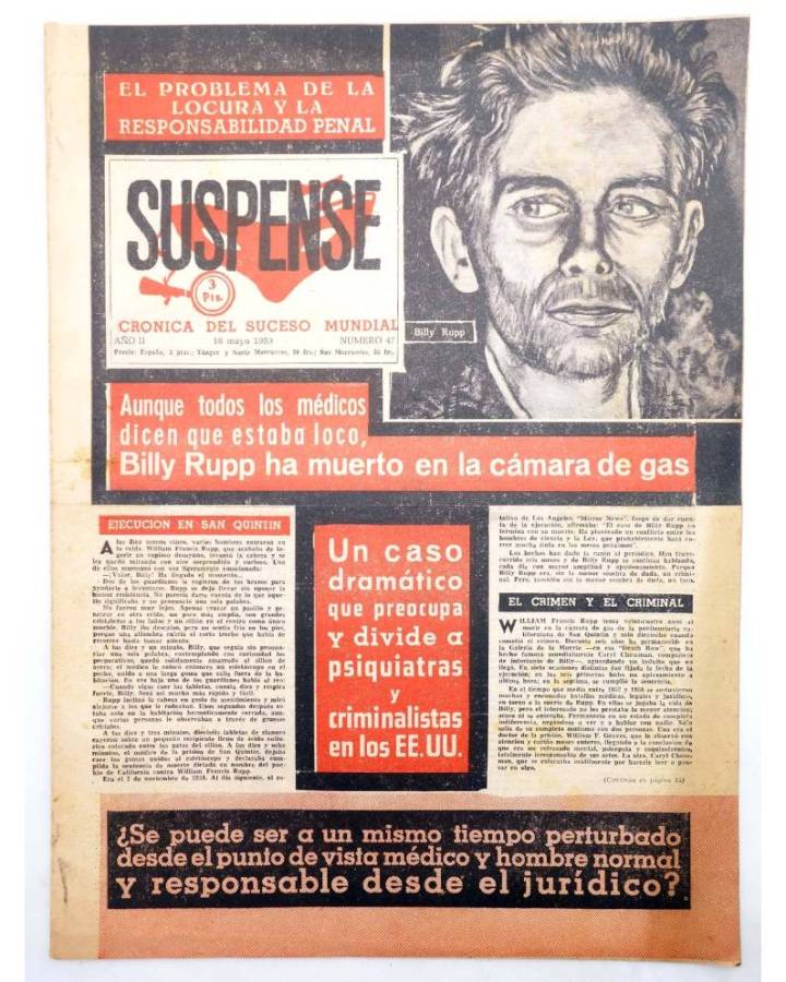 Cubierta de SUSPENSE. CRÓNICA DEL SUCESO MUNDIAL 47. AÑO II.- 15 de mayo de 1959 (Vvaa) Diario España 1959