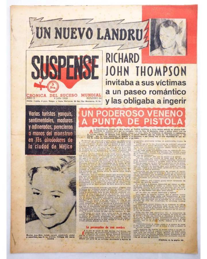 Cubierta de SUSPENSE. CRÓNICA DEL SUCESO MUNDIAL 54. AÑO II.- 4 de julio de 1959 (Vvaa) Diario España 1959