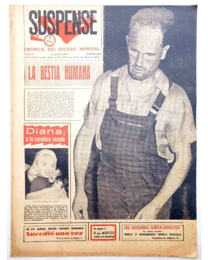 Cubierta de SUSPENSE. CRÓNICA DEL SUCESO MUNDIAL 61. AÑO II.- 22 de agosto de 1959 (Vvaa) Diario España 1959