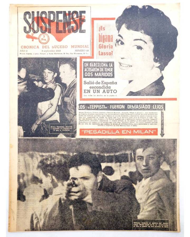 Cubierta de SUSPENSE. CRÓNICA DEL SUCESO MUNDIAL 63. AÑO II.- 5 de septiembre de 1959 (Vvaa) Diario España 1959