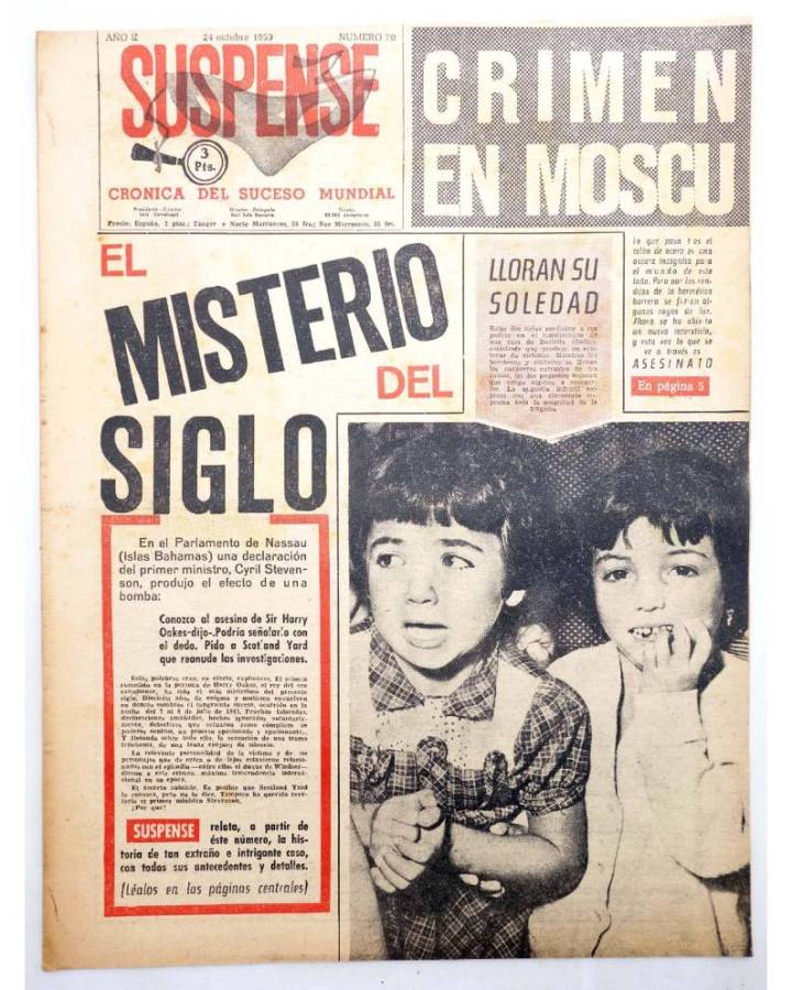 Cubierta de SUSPENSE. CRÓNICA DEL SUCESO MUNDIAL 70. AÑO II.- 24 de octubre de 1959 (Vvaa) Diario España 1959