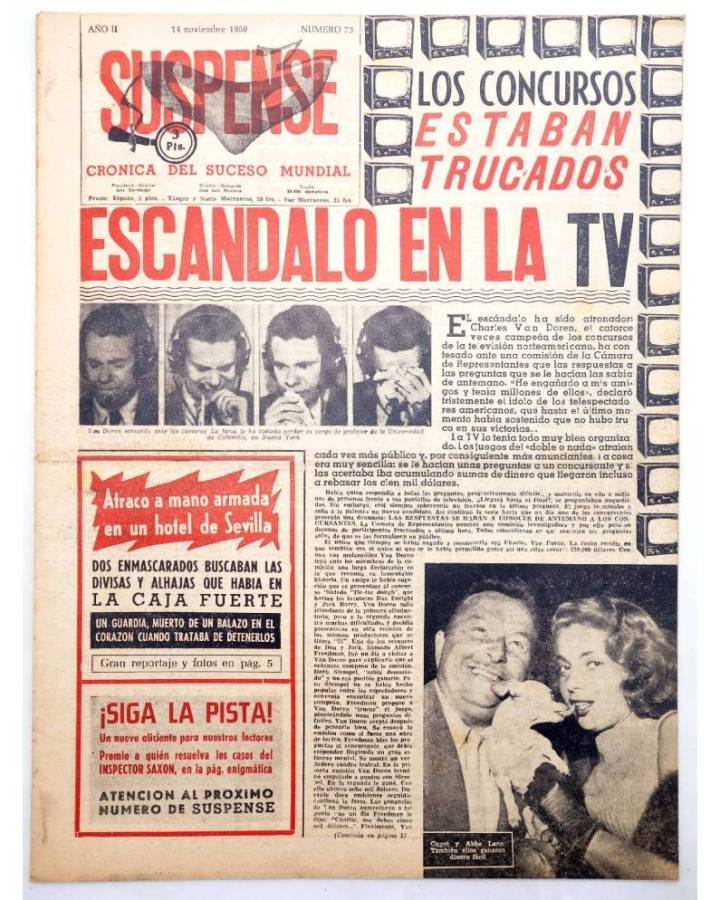 Cubierta de SUSPENSE. CRÓNICA DEL SUCESO MUNDIAL 73. AÑO II.- 14 de noviembre de 1959 (Vvaa) Diario España 1959