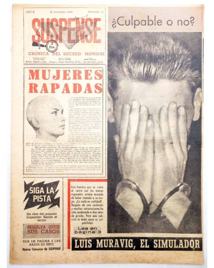 Cubierta de SUSPENSE. CRÓNICA DEL SUCESO MUNDIAL 74. AÑO II.- 21 de noviembre de 1959 (Vvaa) Diario España 1959