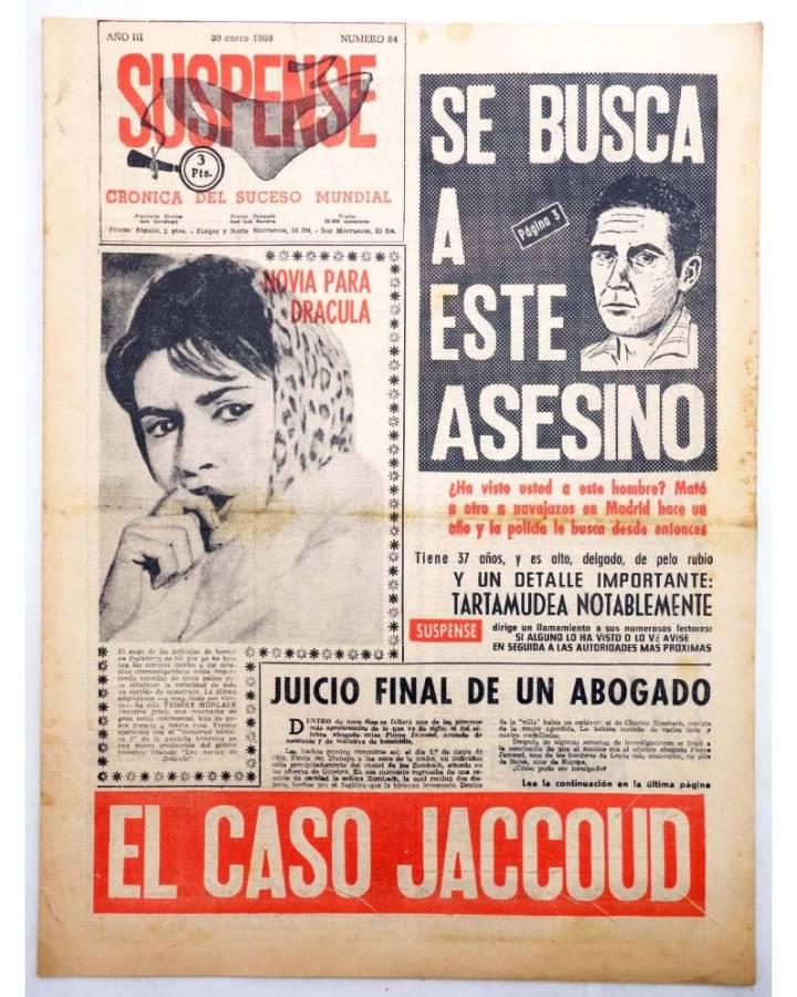 Cubierta de SUSPENSE. CRÓNICA DEL SUCESO MUNDIAL 84. AÑO III.- 30 de enero de 1960 (Vvaa) Diario España 1960