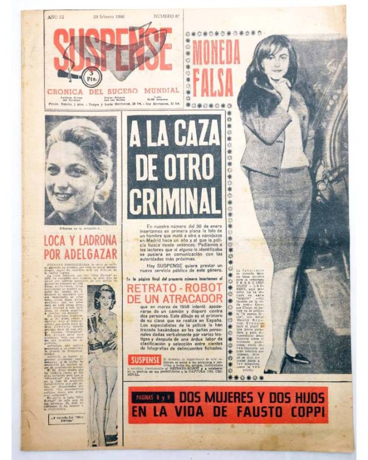 Cubierta de SUSPENSE. CRÓNICA DEL SUCESO MUNDIAL 87. AÑO III.- 20 de febrero de 1960 (Vvaa) Diario España 1960