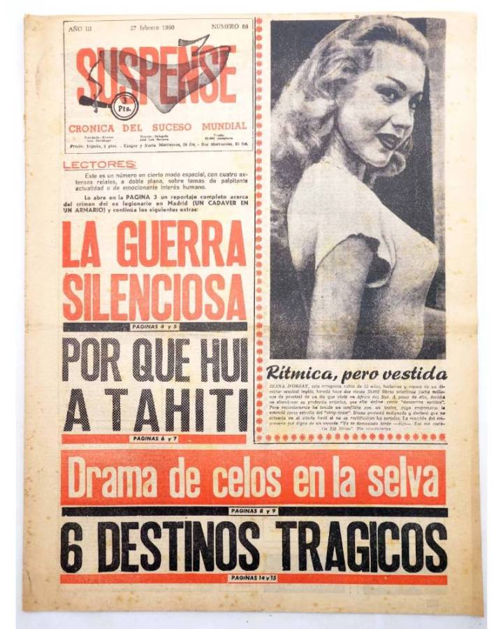 Cubierta de SUSPENSE. CRÓNICA DEL SUCESO MUNDIAL 88. AÑO III.- 27 de febrero de 1960 (Vvaa) Diario España 1960