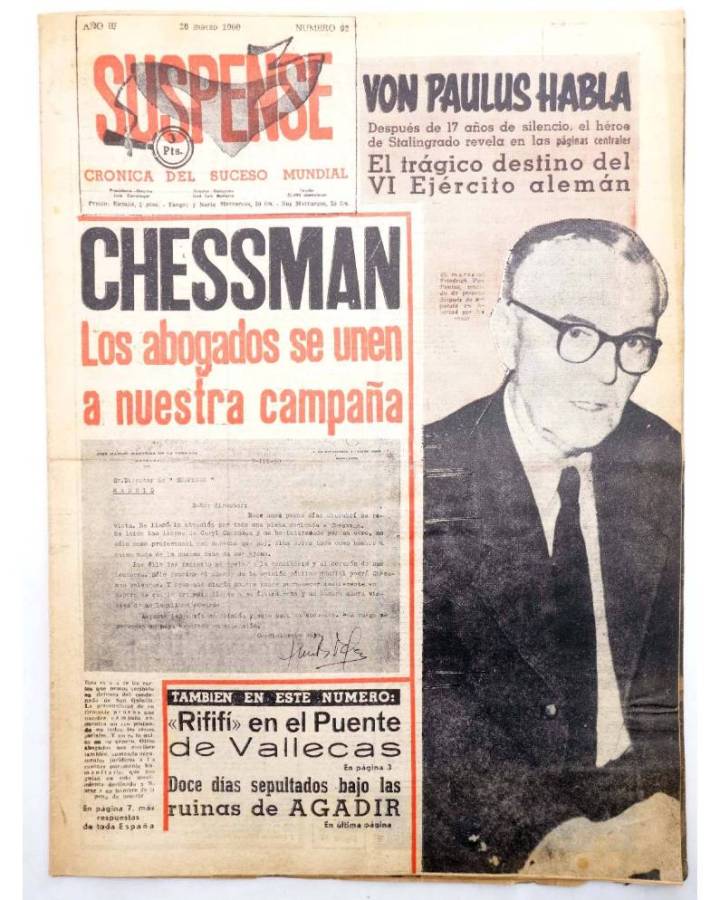 Cubierta de SUSPENSE. CRÓNICA DEL SUCESO MUNDIAL 92. AÑO III.- 26 de marzo de 1960 (Vvaa) Diario España 1960