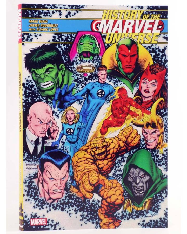 Cubierta de HISTORY OF THE MARVEL UNIVERSE TPB (Mark Waid / Javier Rodriguez) Marvel 2021. EN INGLÉS