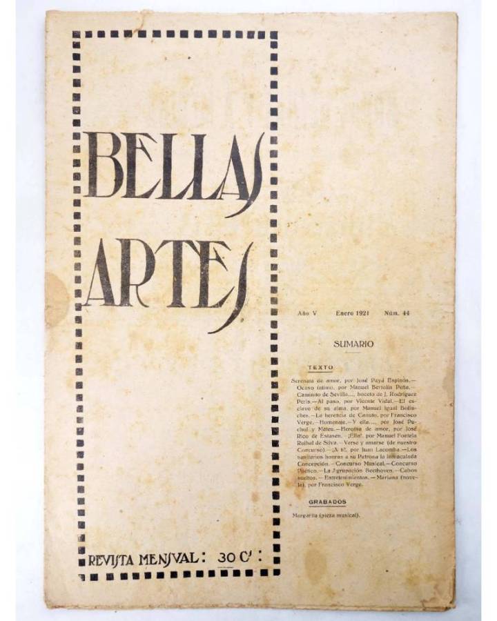 Cubierta de BELLAS ARTES. REVISTA MENSUAL 44. Valencia 1921