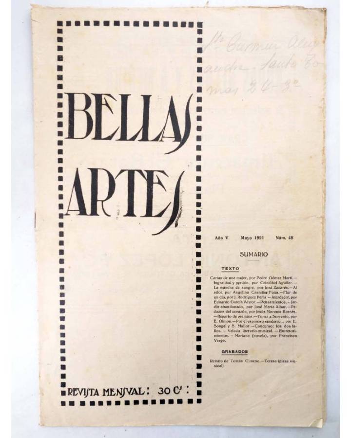 Cubierta de BELLAS ARTES. REVISTA MENSUAL 48. Valencia 1921