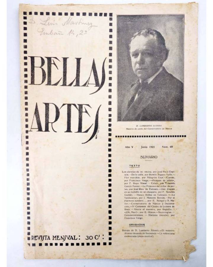 Cubierta de BELLAS ARTES. REVISTA MENSUAL 49. Valencia 1921