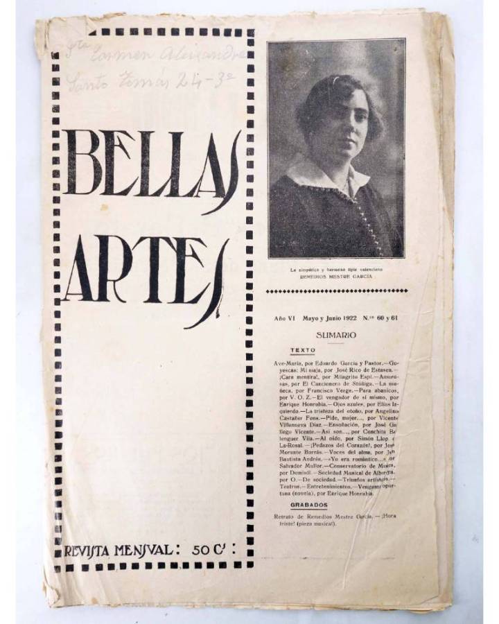 Cubierta de BELLAS ARTES. REVISTA MENSUAL 60 y 61. Valencia 1922