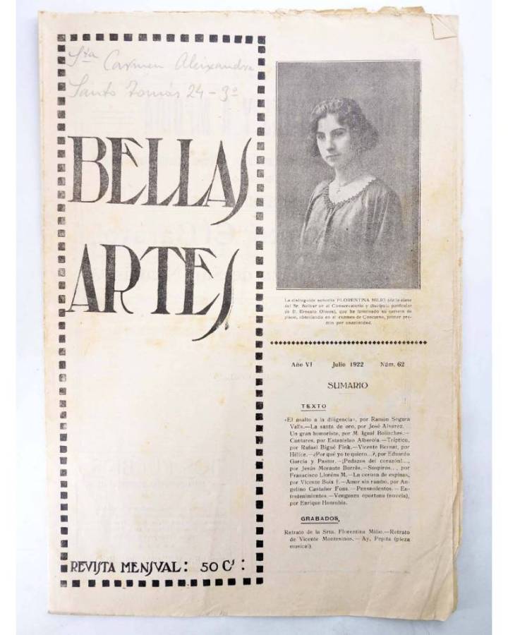 Cubierta de BELLAS ARTES. REVISTA MENSUAL 62. Valencia 1922