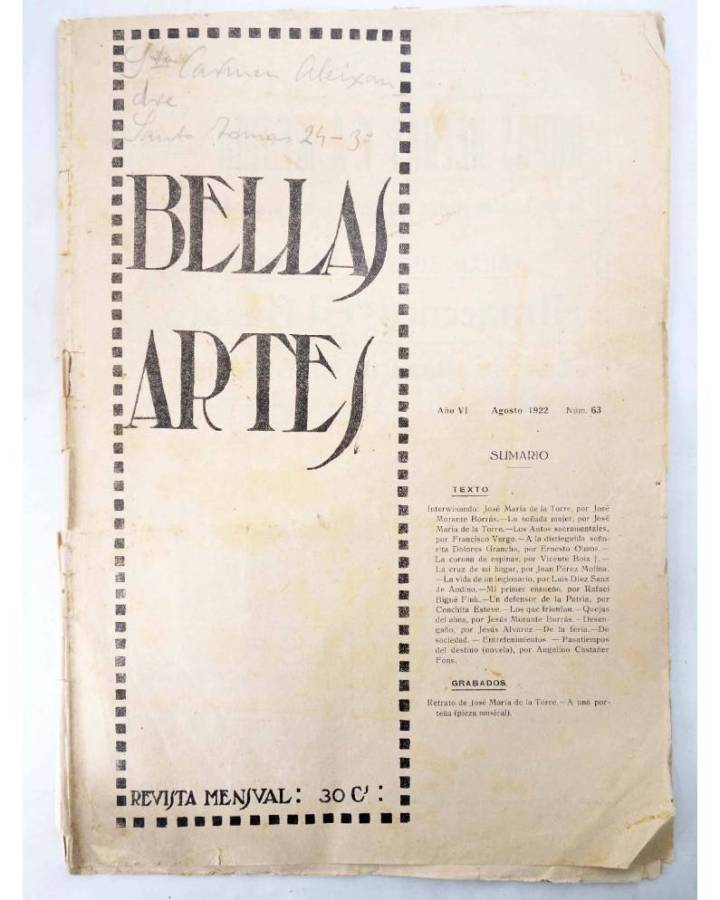 Cubierta de BELLAS ARTES. REVISTA MENSUAL 63. Valencia 1922