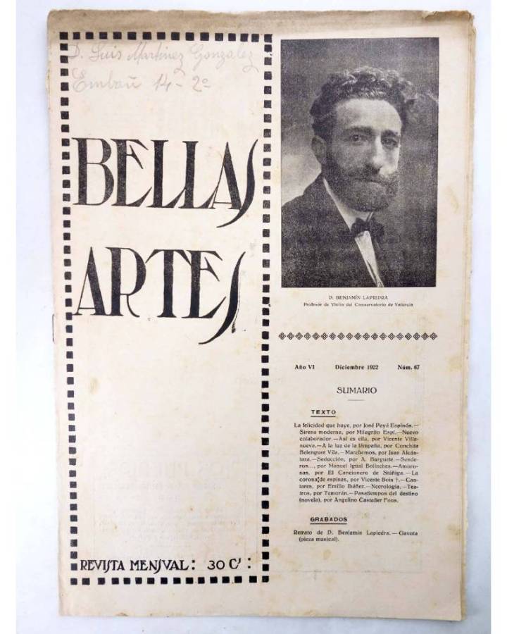 Cubierta de BELLAS ARTES. REVISTA MENSUAL 67. Valencia 1922