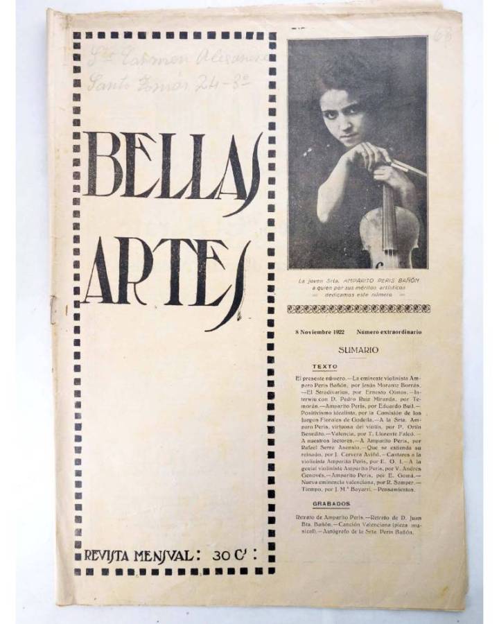 Cubierta de BELLAS ARTES. REVISTA MENSUAL 68. Valencia 1922