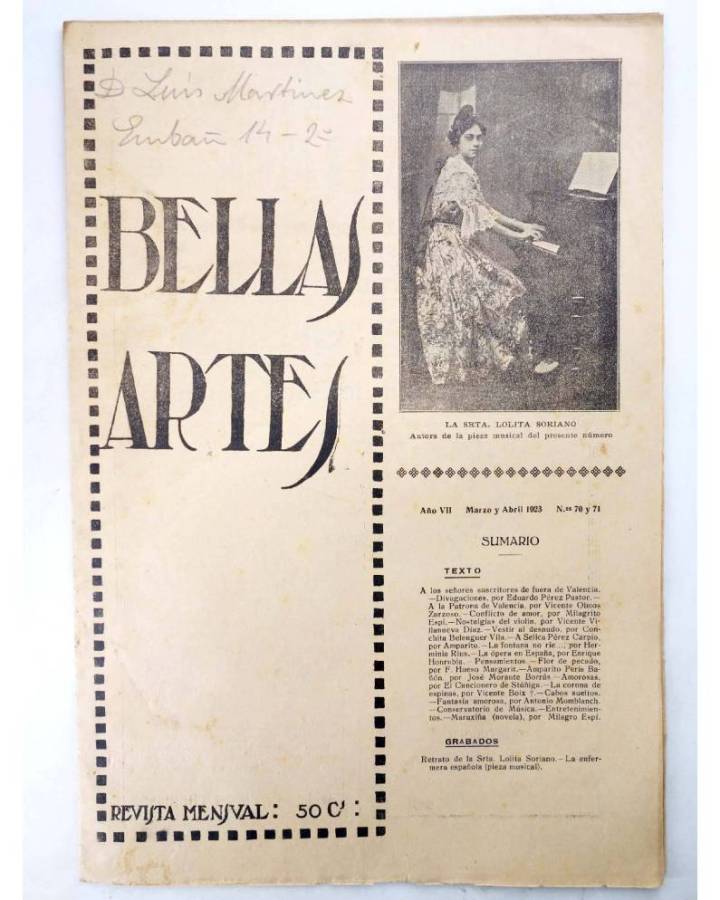 Cubierta de BELLAS ARTES. REVISTA MENSUAL 70 y 71. Valencia 1923