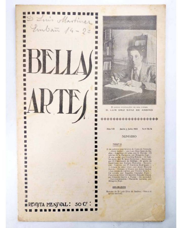 Cubierta de BELLAS ARTES. REVISTA MENSUAL 73 y 74. Valencia 1923