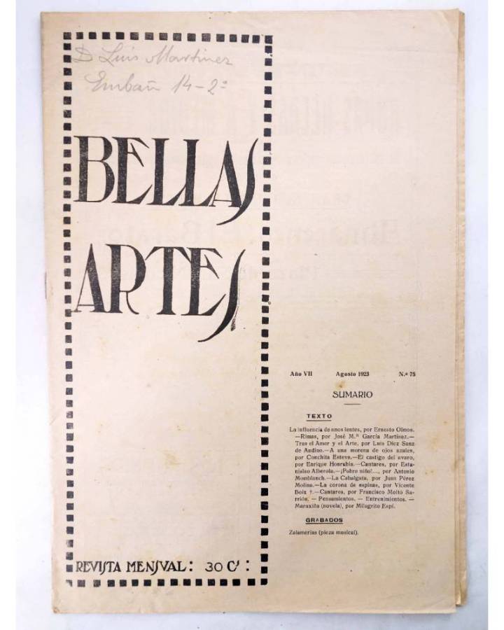 Cubierta de BELLAS ARTES. REVISTA MENSUAL 75. Valencia 1923