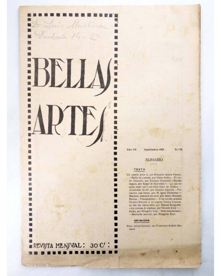 Cubierta de BELLAS ARTES. REVISTA MENSUAL 76. Valencia 1923