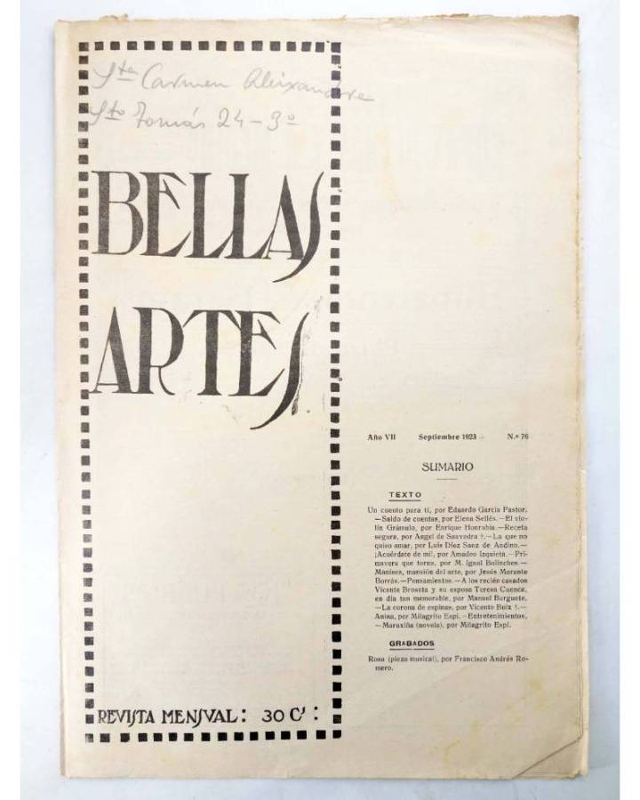 Cubierta de BELLAS ARTES. REVISTA MENSUAL 76. Valencia 1923