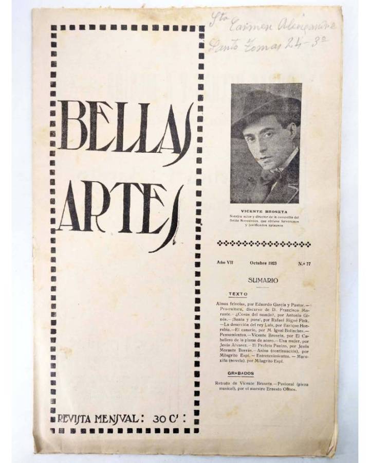 Cubierta de BELLAS ARTES. REVISTA MENSUAL 77. Valencia 1923