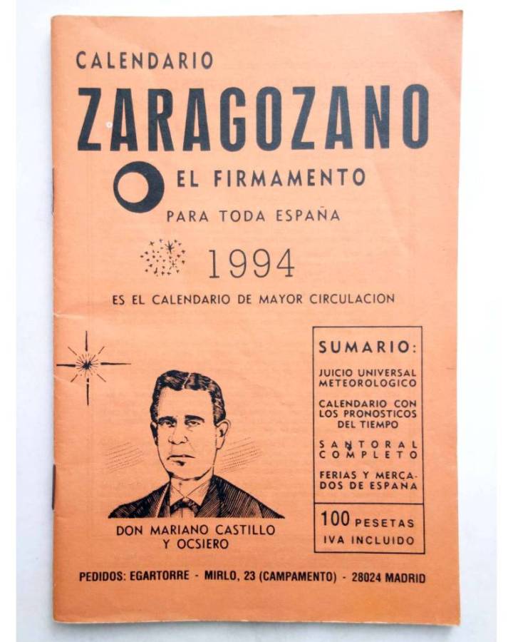 Cubierta de CALENDARIO ZARAGOZANO EL FIRMAMENTO 1994 (Mariano Castillo Y Ocsiero) Zaragozano 1994