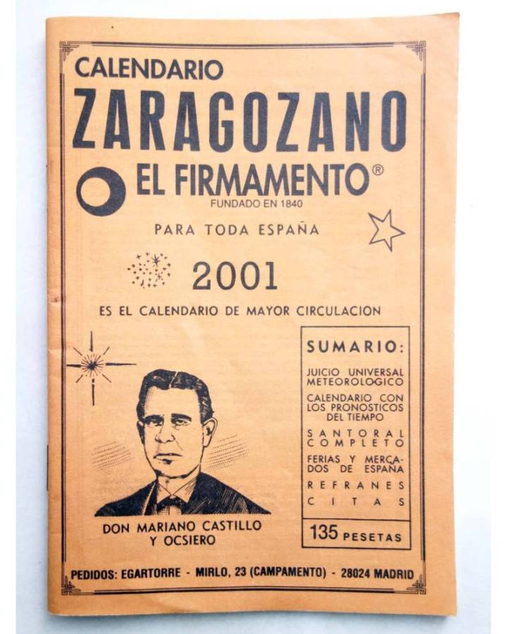 Cubierta de CALENDARIO ZARAGOZANO EL FIRMAMENTO 2001 (Mariano Castillo Y Ocsiero) Zaragozano 2001