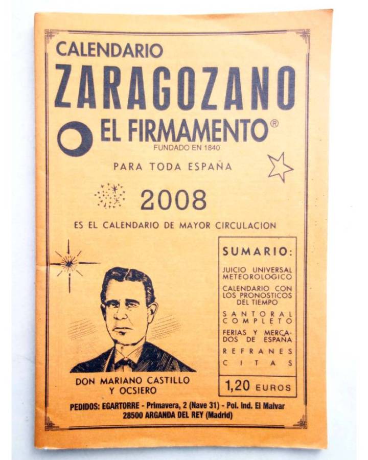 Cubierta de CALENDARIO ZARAGOZANO EL FIRMAMENTO 2008 (Mariano Castillo Y Ocsiero) Zaragozano 2008