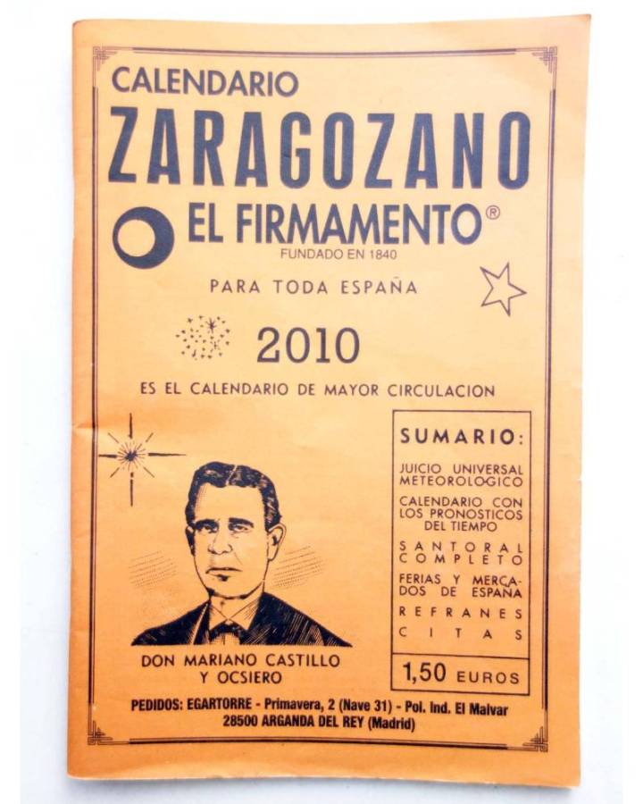 Cubierta de CALENDARIO ZARAGOZANO EL FIRMAMENTO 2010 (Mariano Castillo Y Ocsiero) Zaragozano 2010