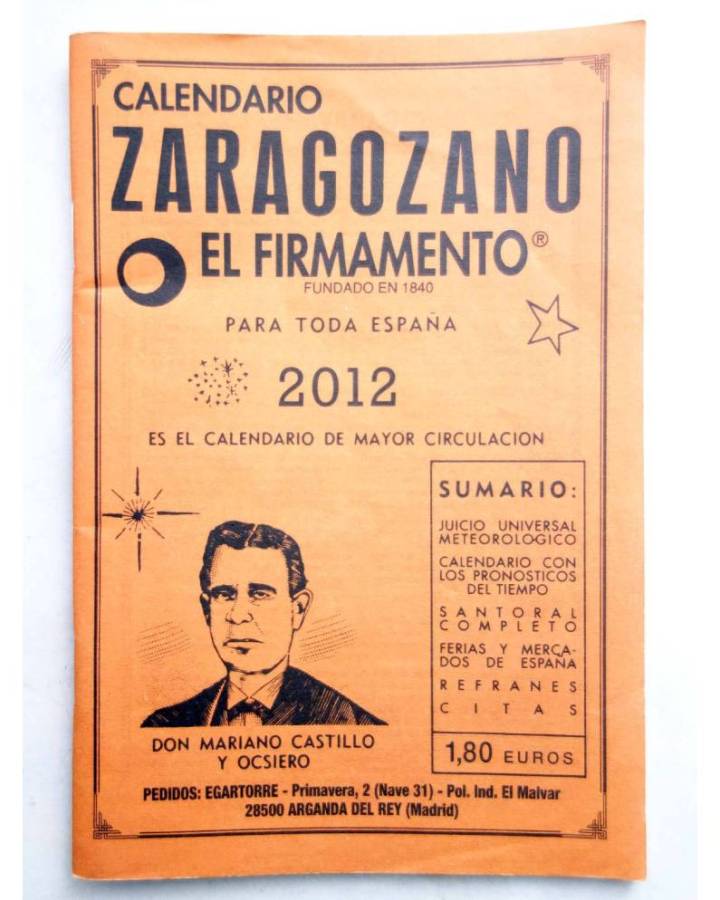 Cubierta de CALENDARIO ZARAGOZANO EL FIRMAMENTO 2012 (Mariano Castillo Y Ocsiero) Zaragozano 2012