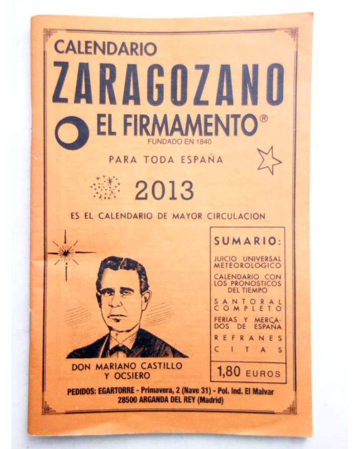 Cubierta de CALENDARIO ZARAGOZANO EL FIRMAMENTO 2013 (Mariano Castillo Y Ocsiero) Zaragozano 2013