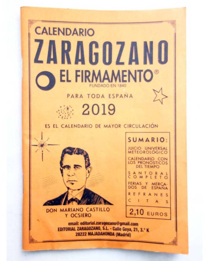 Cubierta de CALENDARIO ZARAGOZANO EL FIRMAMENTO 2019 (Mariano Castillo Y Ocsiero) Zaragozano 2019