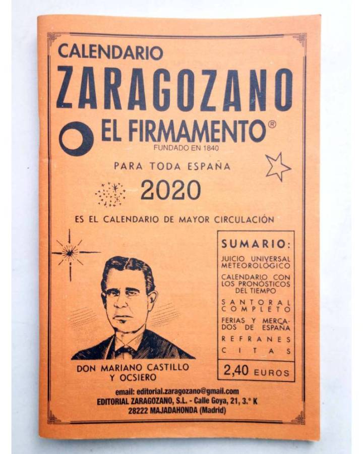 Cubierta de CALENDARIO ZARAGOZANO EL FIRMAMENTO 2020 (Mariano Castillo Y Ocsiero) Zaragozano 2020